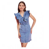 Blue denim women's flutter sleeve dress with V-neck and zip closure