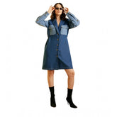Blue denim women's dress, color-blocking design with roll-up sleeves and shirt collar neck