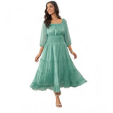 Green chiffon puff sleeve maxi dress with square neck and zip closure