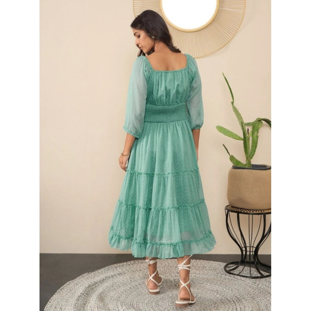 Green chiffon puff sleeve dress, zip closure, full length, solid pattern for women's fashion