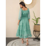 Green chiffon puff sleeve dress, zip closure, full length, solid pattern for women's fashion