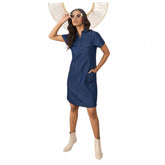 Blue denim women's sleeveless dress with shirt collar neck, short sleeves, and button closure