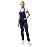 Navy Denim Lycra solid buttoned dungaree for women, full length with shoulder straps and buckle closure