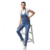 Ice blue denim-lycra solid buttoned dungaree for women, full length pant style with shoulder straps
