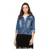 Blue denim washed long sleeves jacket with spread collar neck, button closure, and hip length
