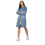 Blue denim washed long sleeves jacket with spread collar neck, ideal for women's casual wear