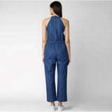 Blue denim solid sleeveless women's jumpsuit with zip closure, ankle length pant style