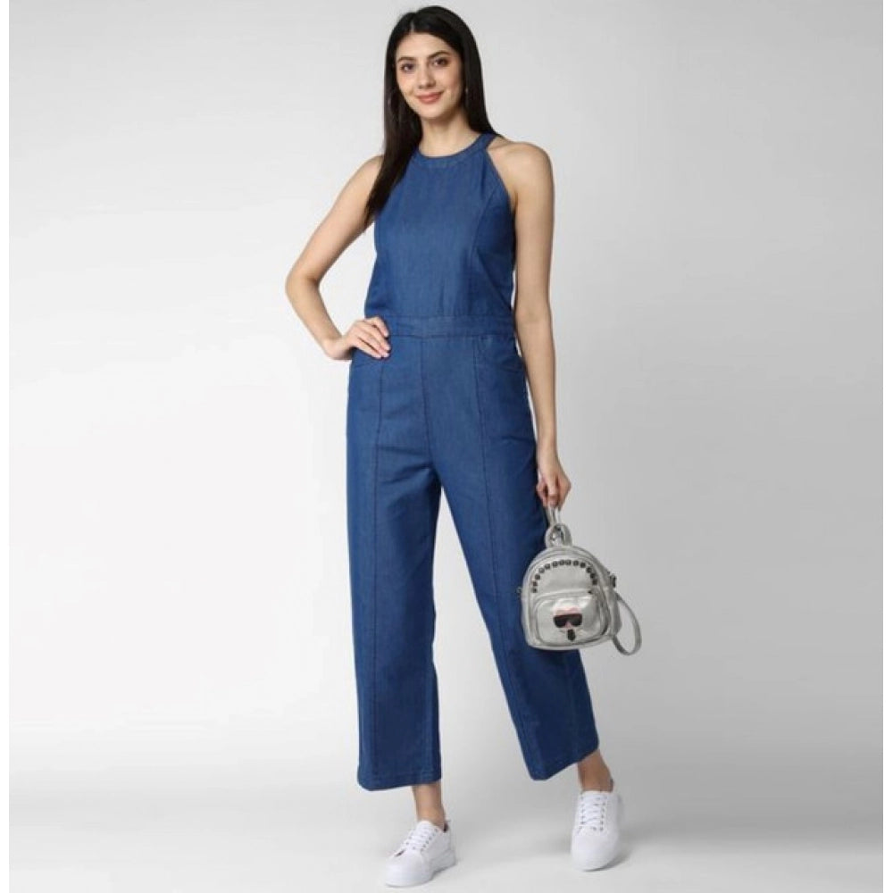 Blue denim women's sleeveless jumpsuit with round neck and ankle length, zip closure
