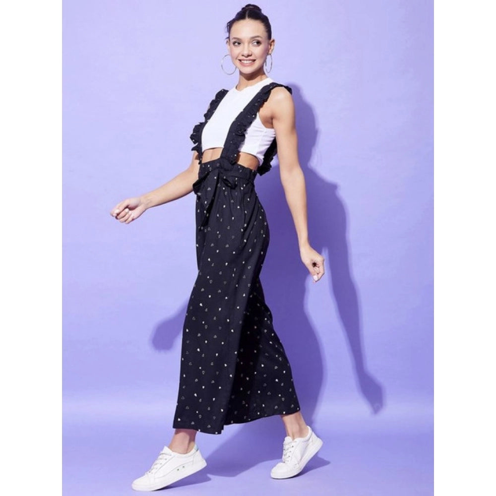 Black rayon pinafore jumpsuit with shoulder straps, ankle-length bottom, pull-on closure