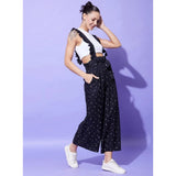 Black rayon pinafore jumpsuit with shoulder straps, ankle length and pull-on closure. Women's fashion jumpsuit on hanger