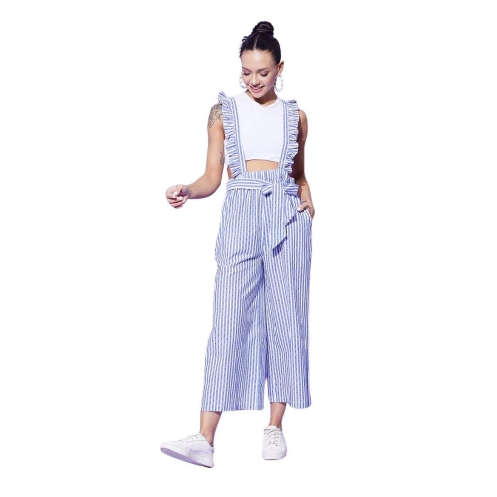 Light Blue cotton pinafore jumpsuit with shoulder straps, ankle length, pull-on design
