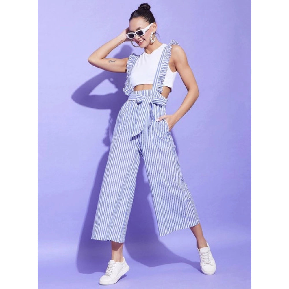 Light Blue cotton pinafore jumpsuit with shoulder straps, ankle length, pull-on style