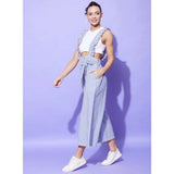 Light blue cotton pinafore jumpsuit with shoulder straps, ankle length, pull-on style