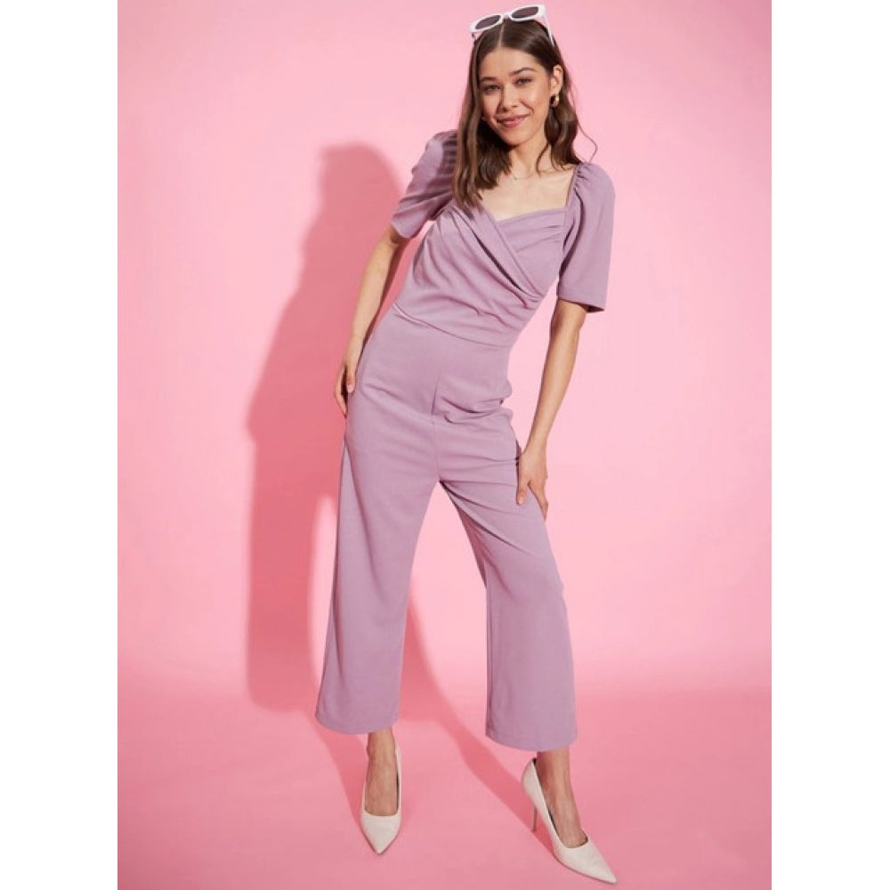 Lavender polyester lycra women's puff sleeve jumpsuit with concealed zip closure, solid pattern on ankle-length pant style