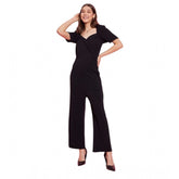 Black polyester lycra women's puff sleeve jumpsuit with sweatheart neck and zip closure