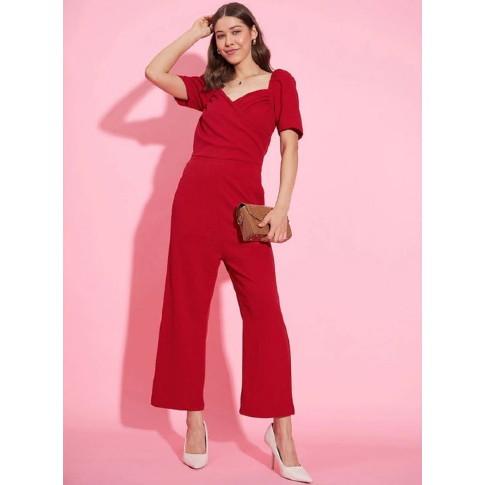 Red polyester lycra puff sleeve jumpsuit with sweatheart neck and zip closure