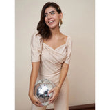 Gold polyester shimmer self-design short sleeve jumpsuit with a sweatheart neck and ankle length, on model