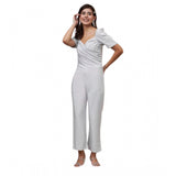 Silver polyester shimmer self-design short sleeve jumpsuit with sweatheart neck and zip closure
