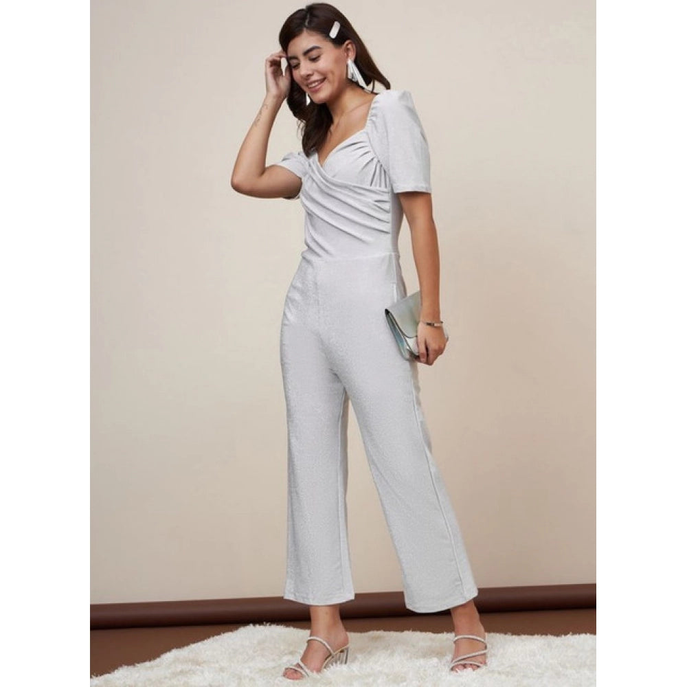 Silver polyester shimmer self-design jumpsuit for women, features sweatheart neck, zip closure, ankle length pant style
