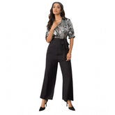 Grey-Black floral half sleeves satin & polyester women's jumpsuit with button closure, ankle length bottom