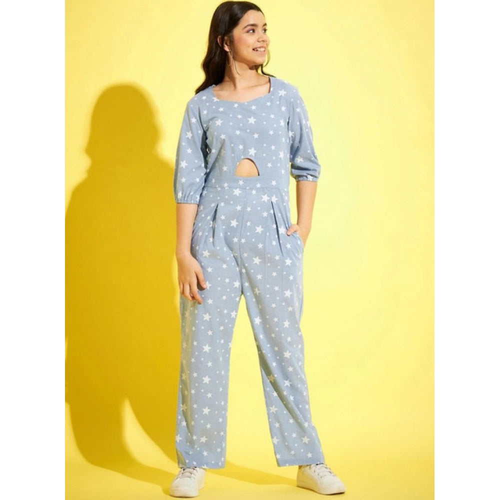 Blue-White cotton printed girls' 3/4th sleeve jumpsuit with square neck, ankle length pants, zip closure