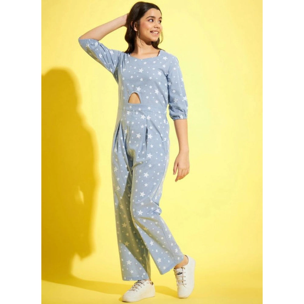 Blue-White cotton printed square neck 3/4th sleeve ankle length women's jumpsuit