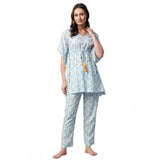 Light Blue Rayon Floral V-Neck Kaftan Sleeve Set, ankle length pant style kaftans for women, slip-on closure