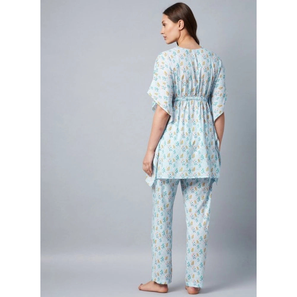 Light Blue Rayon Floral V-Neck Kaftan Sleeve Set with pant bottom, slip-on closure for women's fashion