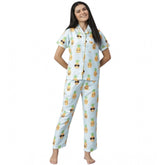 Women's Cotton Blend Printed Short Sleeve Night Suit (Blue-Yellow)