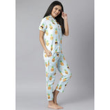 Blue-Yellow cotton blend printed short sleeve night suit for women on display stand
