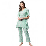Green-Pink rayon floral kaftan night suit with V-neck, kaftan sleeves, ankle length, slip-on closure, and pant bottom on hanger