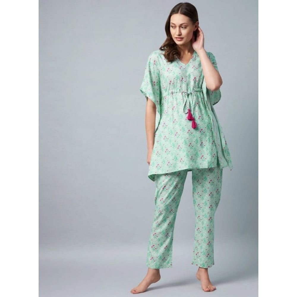 Green-Pink rayon floral kaftan night suit with V-neck and kaftan sleeves, ankle length, slip-on closure, pant bottom style on model