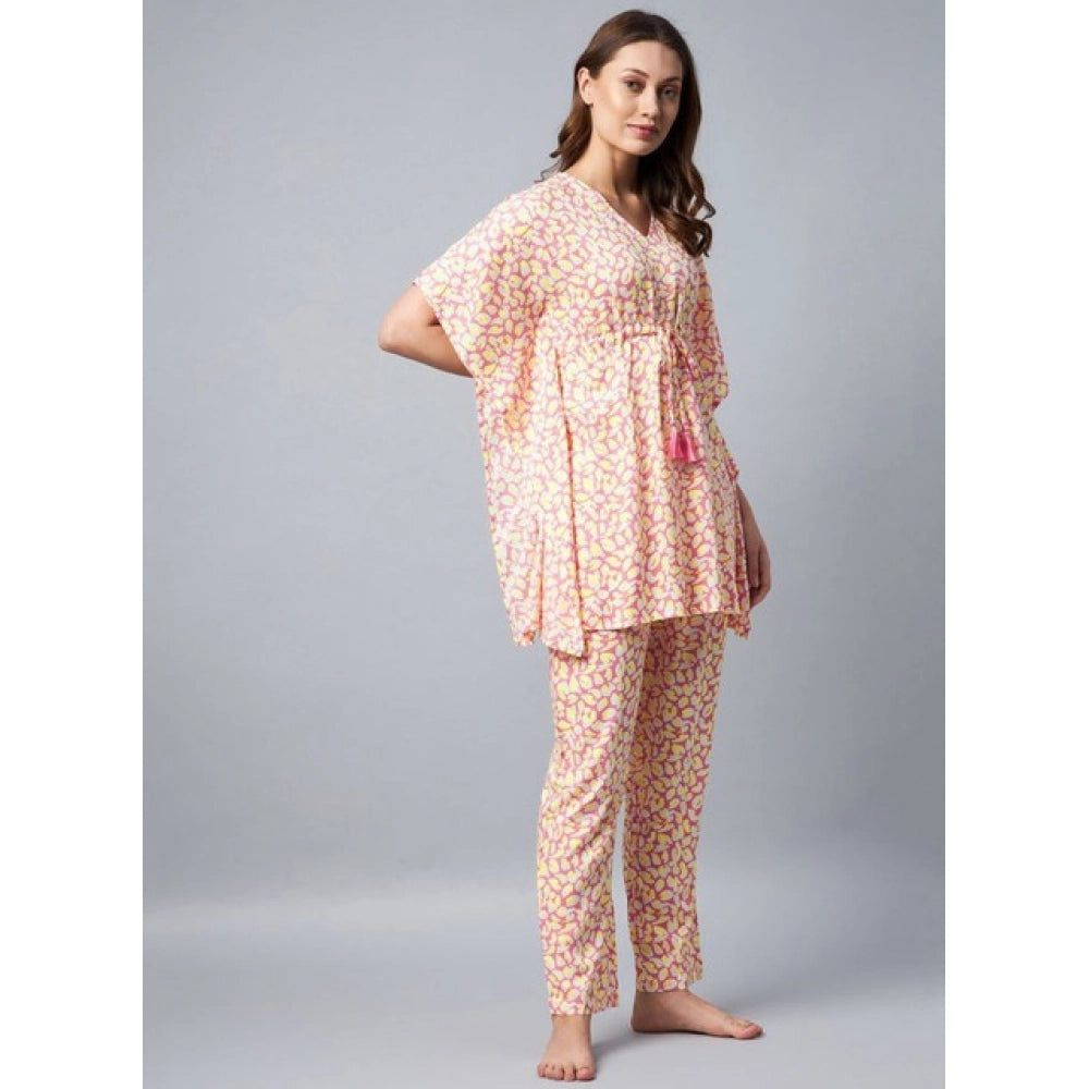 Multicolor rayon tie dye kaftan sleeve night suit for women, vibrant pattern on loose-fitting pant set with V-neck