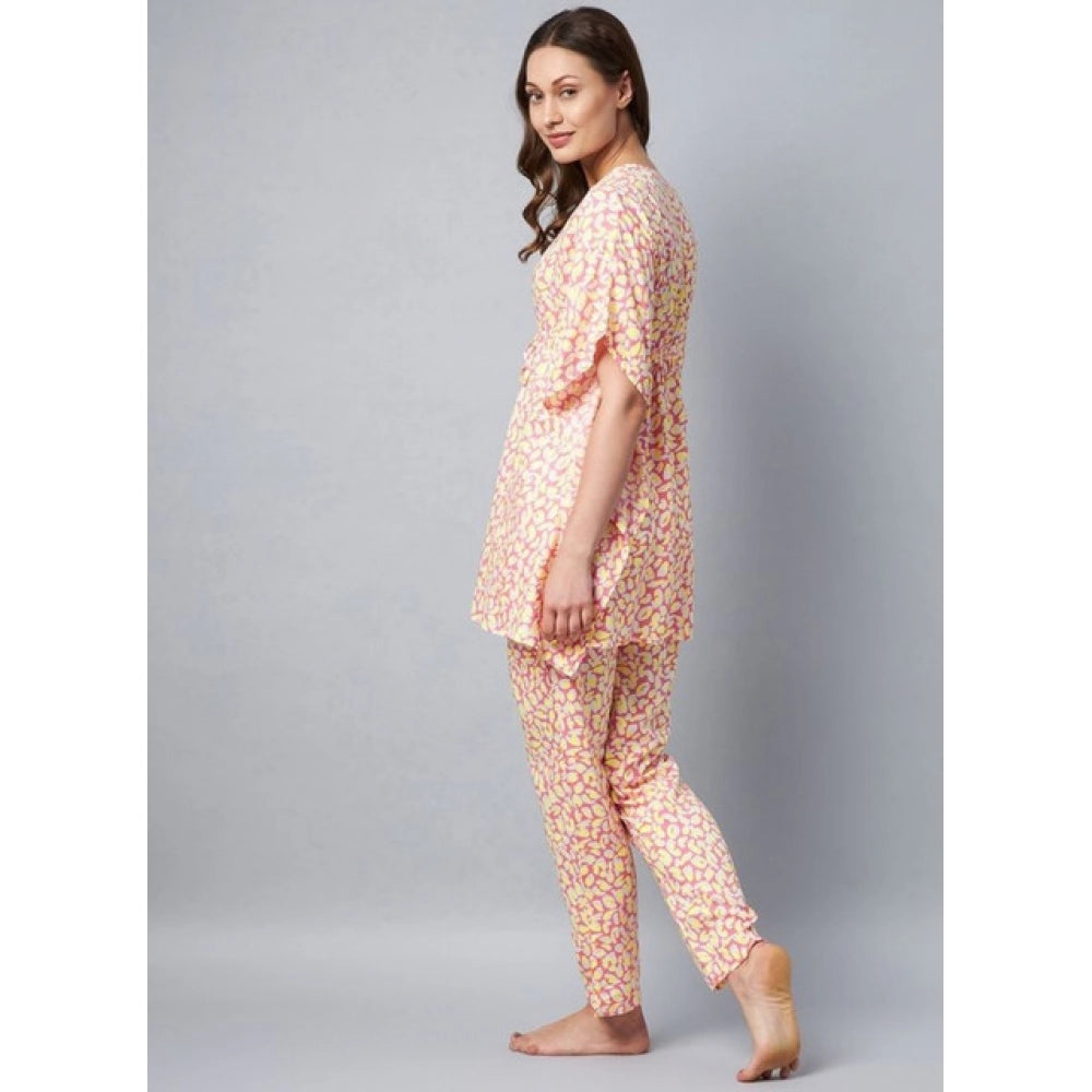Multicolor rayon tie & dye kaftan sleeve night suit, V-neck, ankle length with slip-on pant