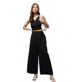 Black cotton linen sleeveless crop top and palazzo set for women on mannequin