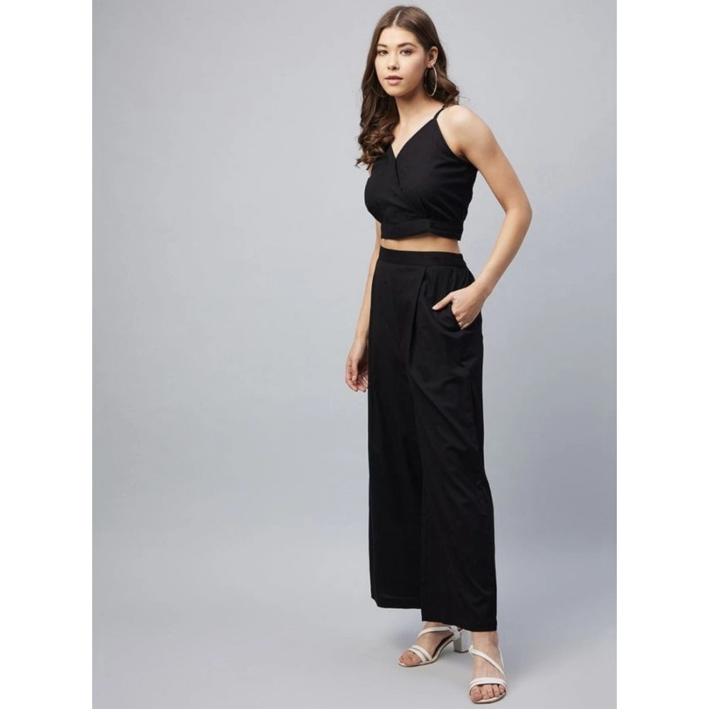 Black cotton linen women's crop top & palazzo set, sleeveless length with shoulder straps neck & slip-on closure
