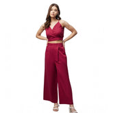 Maroon cotton linen solid sleeveless crop top and palazzo set for women - soft and breathable fabric, ankle-length with slip-on closure