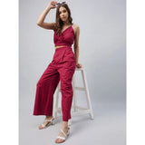 Maroon cotton linen women's sleeveless crop top and palazzo set, solid design on model