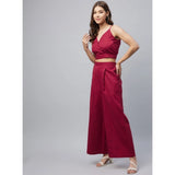 Maroon cotton linen sleeveless crop top & palazzo set for women, solid pattern, slip-on closure