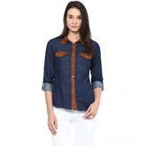 Blue denim women's long-sleeve solid shirt with button closure