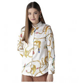 White-gold satin printed long sleeves shirt for women, featuring a button closure and hip length cut