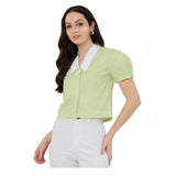 Green-white striped cotton half sleeve shirt for women on a hanger