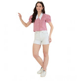 Red-White checkered cotton half sleeve shirt for women on display stand