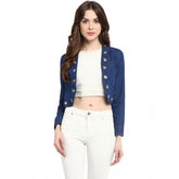 Blue denim embellished long sleeves shrug, front open neck, button closure, women's casual wear on hanger