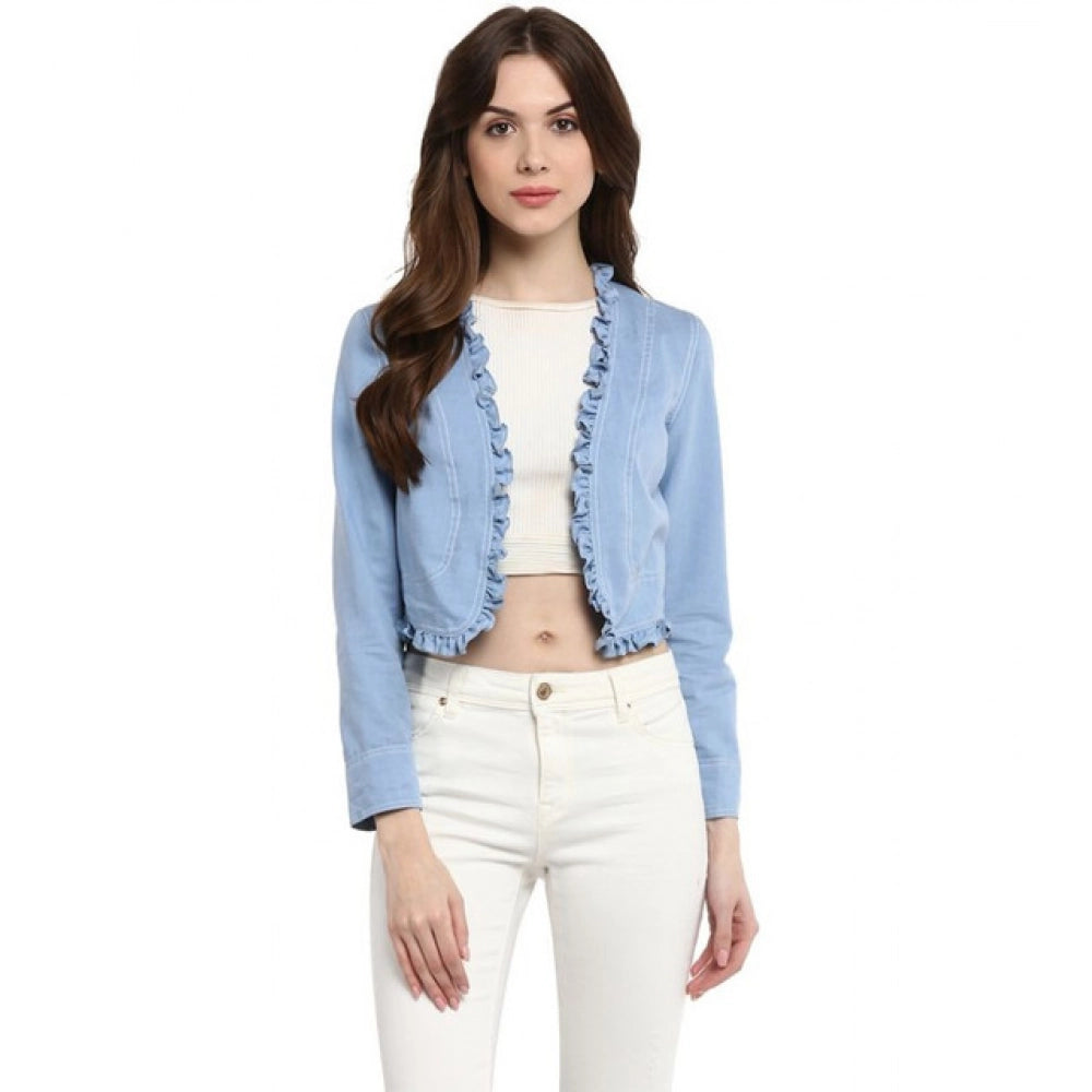 Blue denim ruffled long sleeves women's shrug, front open neck, waist-length