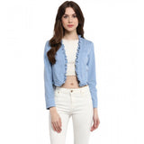 Blue denim ruffled long sleeves women's shrug, front open neck, waist-length