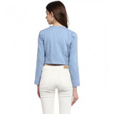 Blue denim ruffled long sleeves shrug for women, front open neck, waist-length style