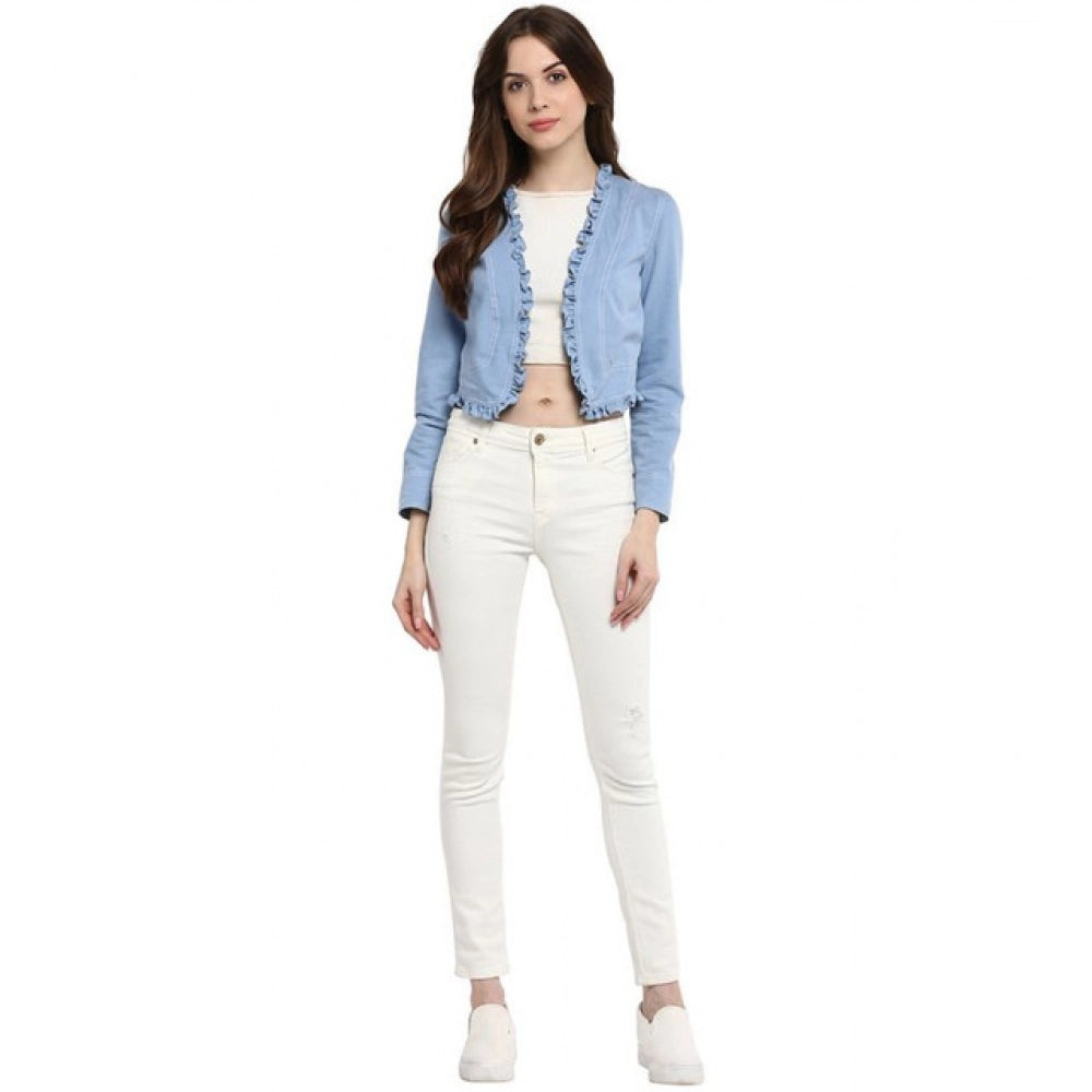 Blue denim ruffled long-sleeve shrug for women on mannequin