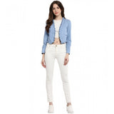 Blue denim ruffled long-sleeve shrug for women on mannequin