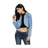 Blue denim solid 3/4th sleeves women's shrug with shirt collar neck on model